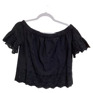 Madewell Women’s Black Off Shoulder Ruffle Short Sleeves Eyelet Top Size XS